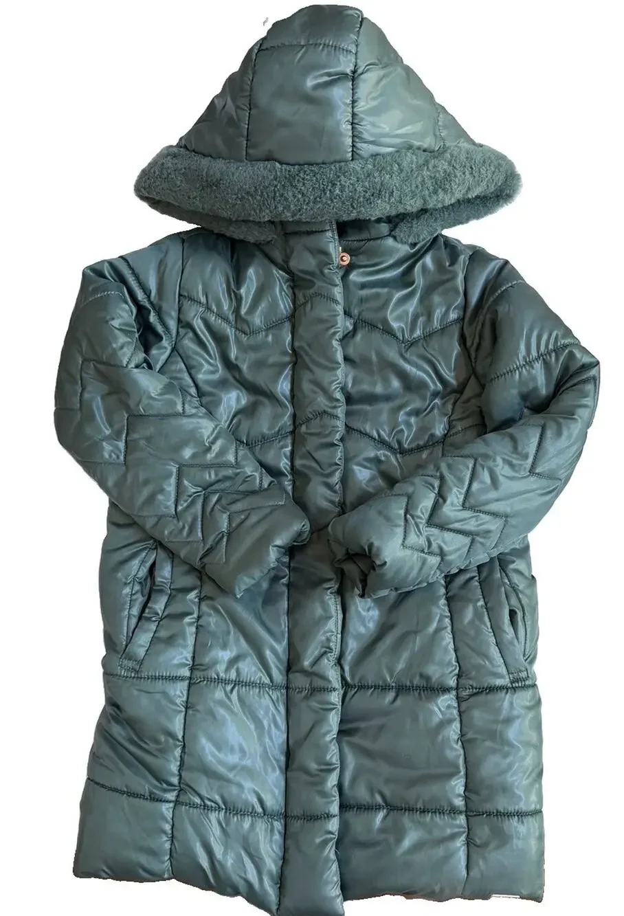 Tahari Girls Winter Parka Long Coat Size 5 Lined Faux Fur Hood Sage Green